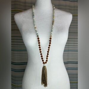 Neutral Natural Stone and Wood Long Hand Knotted Beaded Necklace Tan Blue Beige